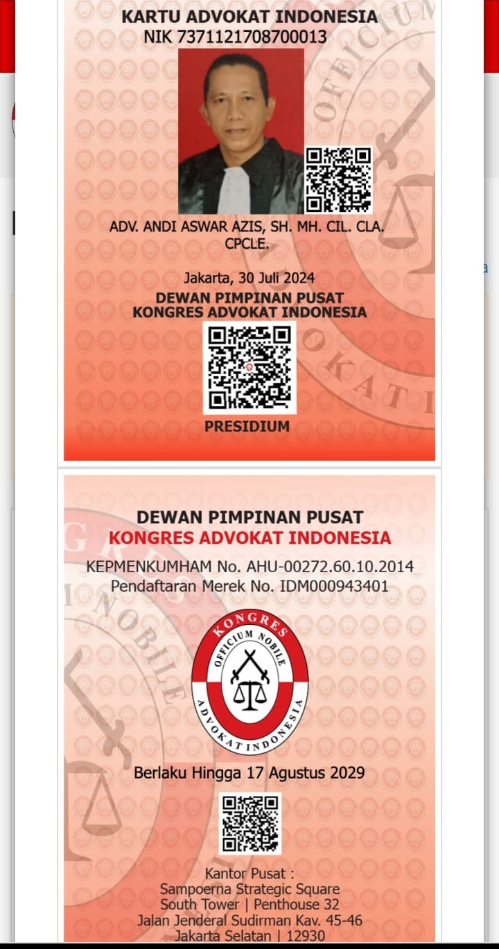 Kartu Tanda Pengenal Advokat (KTPA) Resmi